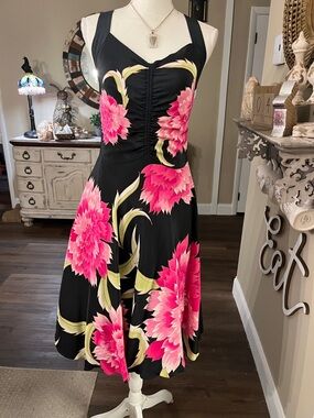 Sue Wong Black Midi Dress with Pink and Green Floral Print